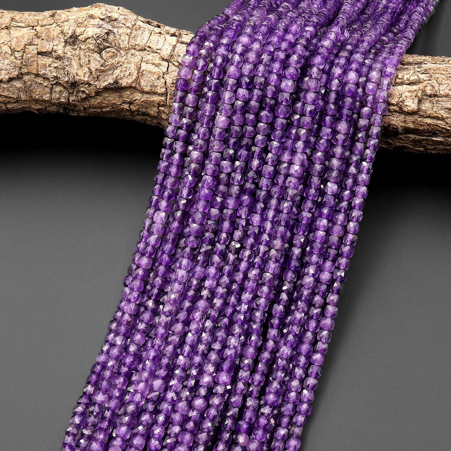 AAA Natural Purple Amethyst 4mm Faceted Cube Square Dice Beads 15.5" Strand
