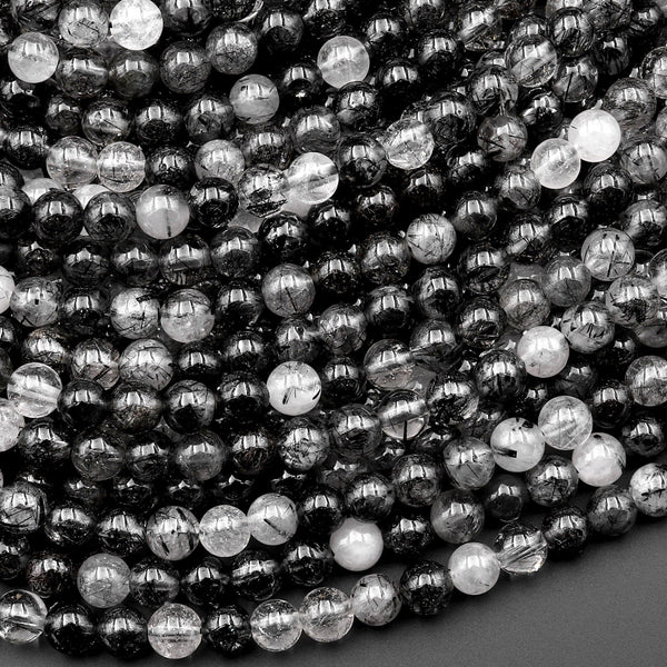 Natural Black Tourmaline Rutilated Quartz Round Beads 4mm 15.5" Strand