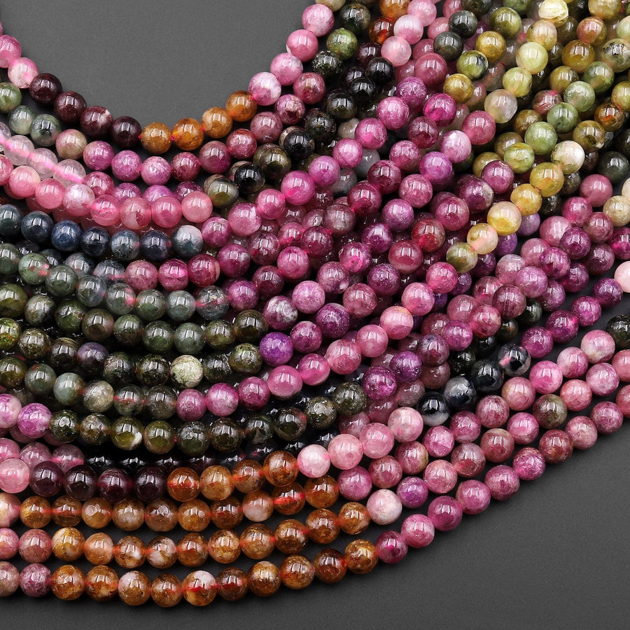AAA Natural Multicolor Fuchsia Pink Green Golden Yellow Tourmaline 4mm Smooth Round Beads 15.5" Strand
