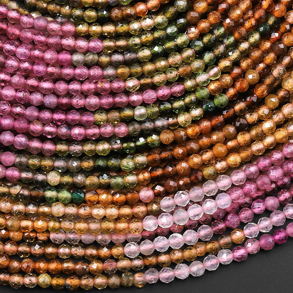AAA Natural Multicolor Pink Green Cognac Tourmaline Micro Faceted 2mm Round Gemstone Beads 15.5" Strand