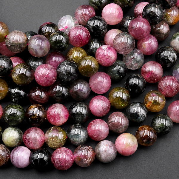 Natural Multicolor Pink Green Tourmaline 4mm 5mm 6mm Smooth Round Beads 15.5" Strand