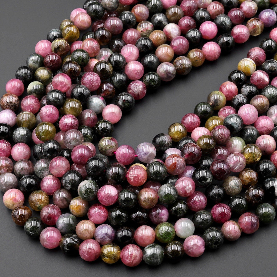 Natural Multicolor Pink Green Tourmaline 4mm 5mm 6mm Smooth Round Beads 15.5" Strand