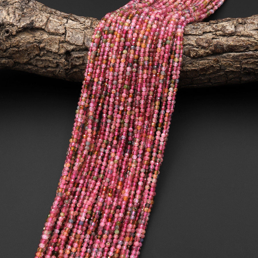 AAA Grade Micro Faceted Natural Pink Tourmaline 2mm Round Beads Tourmaline 15.5" Strand