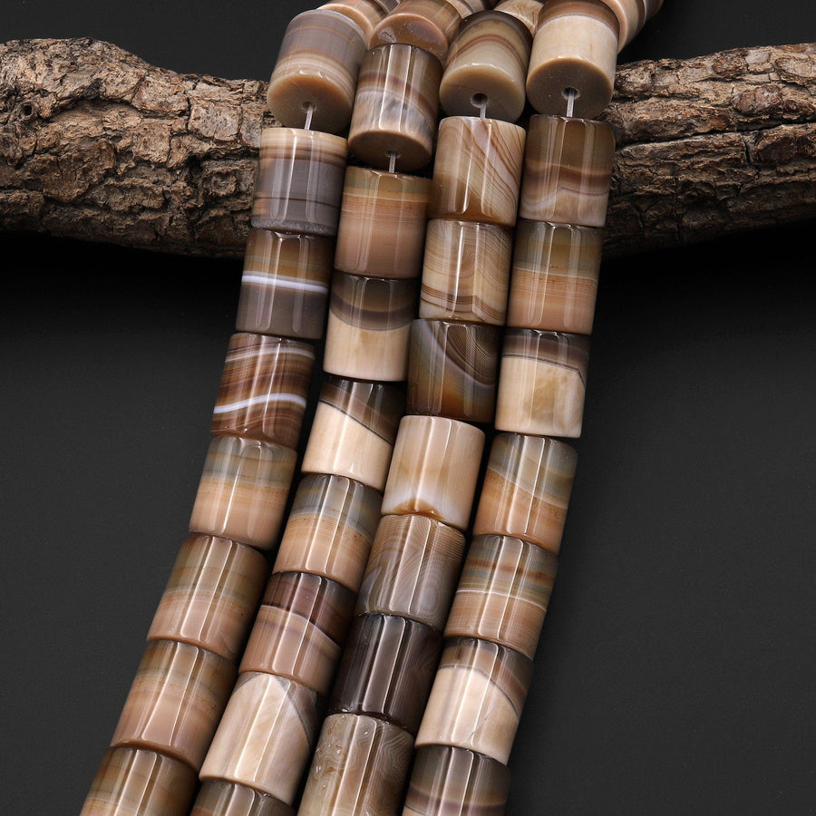 Large Natural Tibetan Agate Beads Highly Polished Smooth Cylinder Tube Creamy Brown Caramel 15.5" Strand