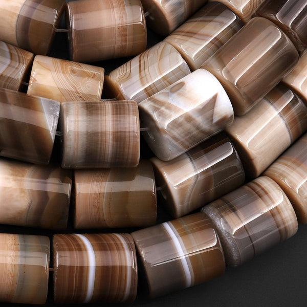 Large Natural Tibetan Agate Beads Highly Polished Smooth Cylinder Tube Creamy Brown Caramel 15.5" Strand
