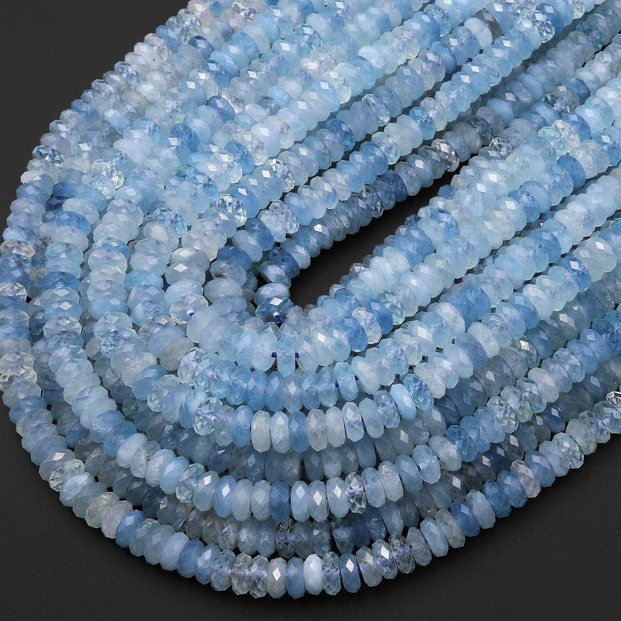 AAA Extra Translucent Large Natural Blue Aquamarine Faceted Rondelle Beads 8mm 10mm 15.5" Strand