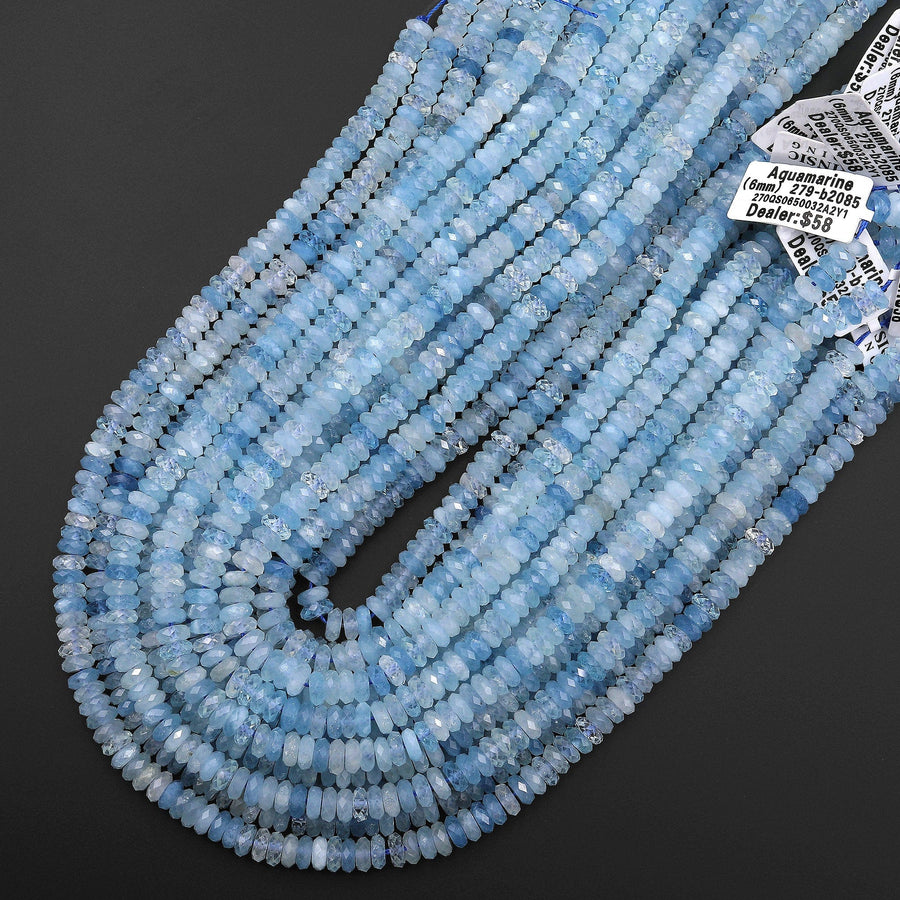 AAA Extra Translucent Large Natural Blue Aquamarine Faceted Rondelle Beads 8mm 10mm 15.5" Strand