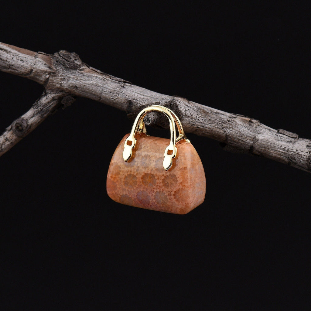 Hand Carved Natural Indonesian Fossil Coral Focal Pendant Bead Purse Miniature Handbag Style OP0011