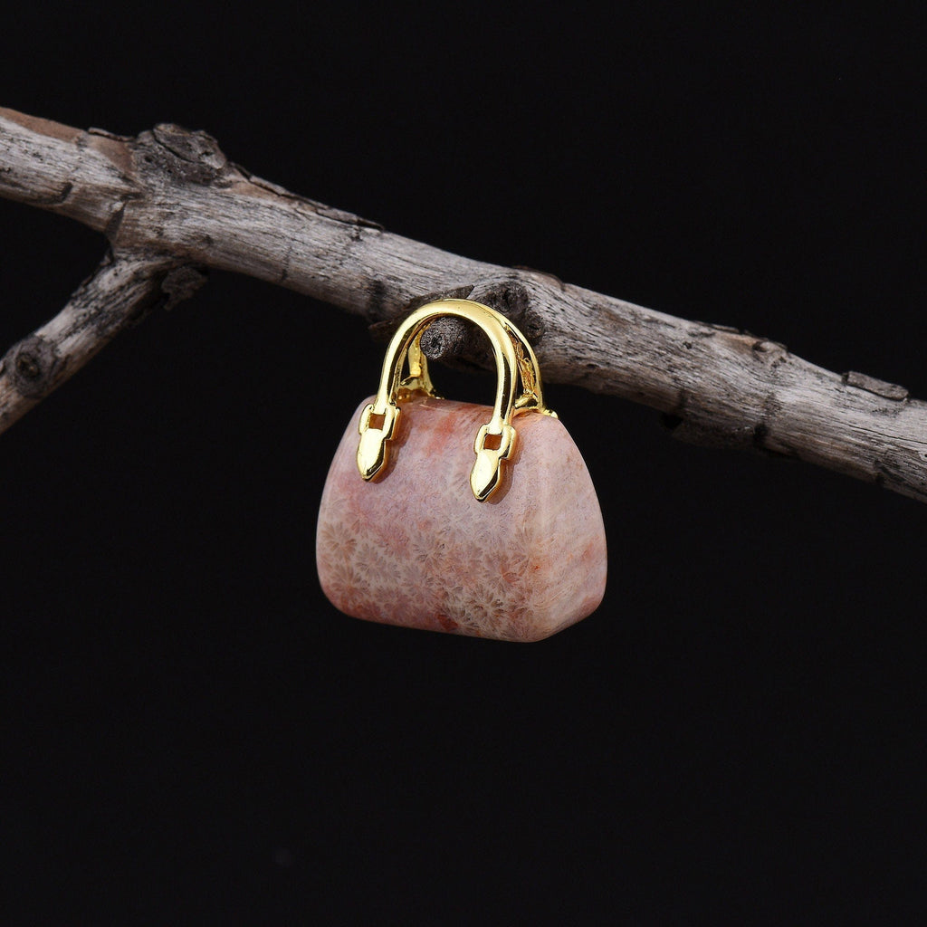 Hand Carved Natural Indonesian Fossil Coral Focal Pendant Bead Purse Miniature Handbag Style OP0013