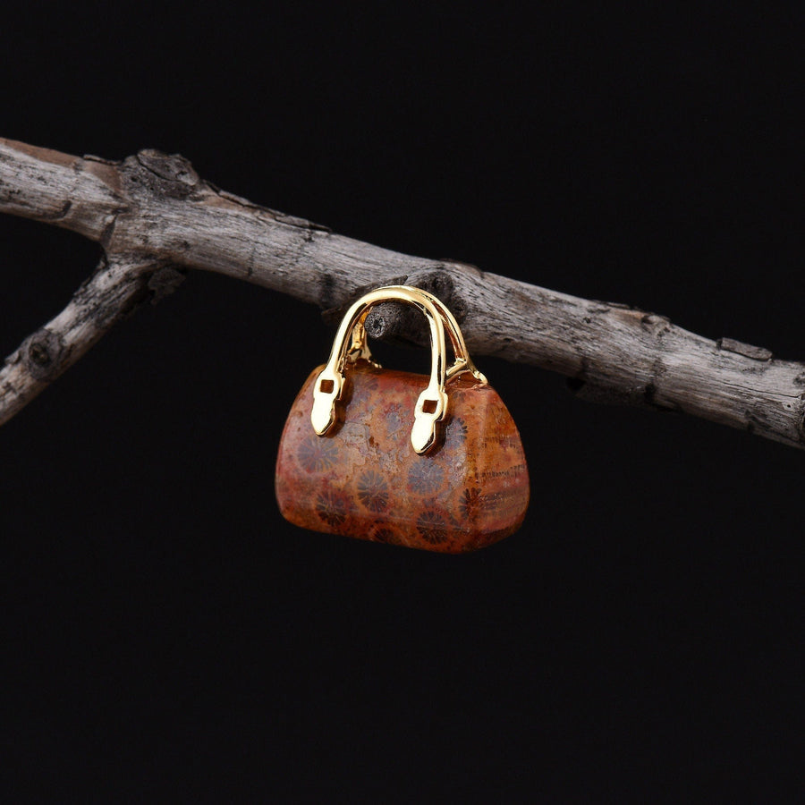 Hand Carved Natural Indonesian Fossil Coral Focal Pendant Bead Purse Miniature Handbag Style OP0017