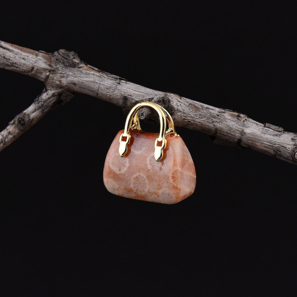 Hand Carved Natural Indonesian Fossil Coral Focal Pendant Bead Purse Miniature Handbag Style OP0020