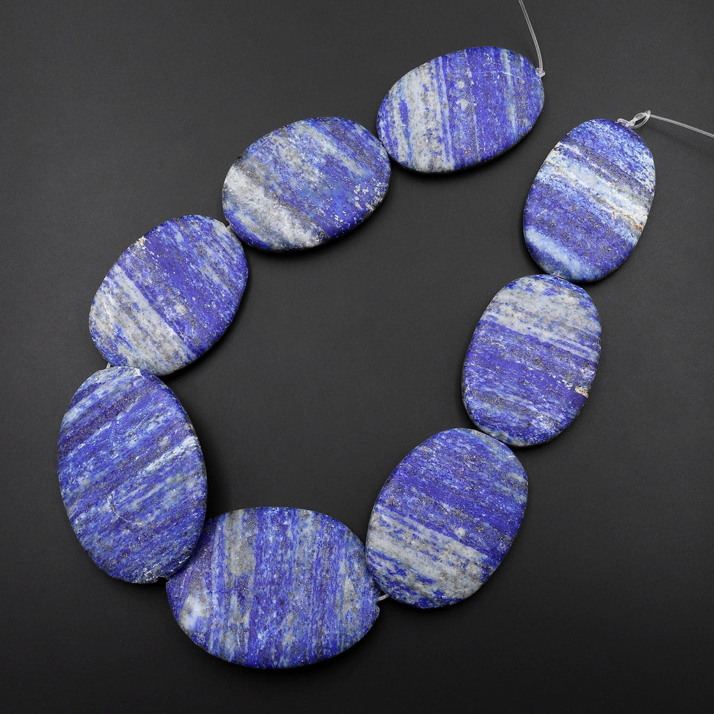 Large Phenomenal Matte Natural Blue Lapis Flat Oval Pendant Beads White Calcite Stripe 15.5" Strand