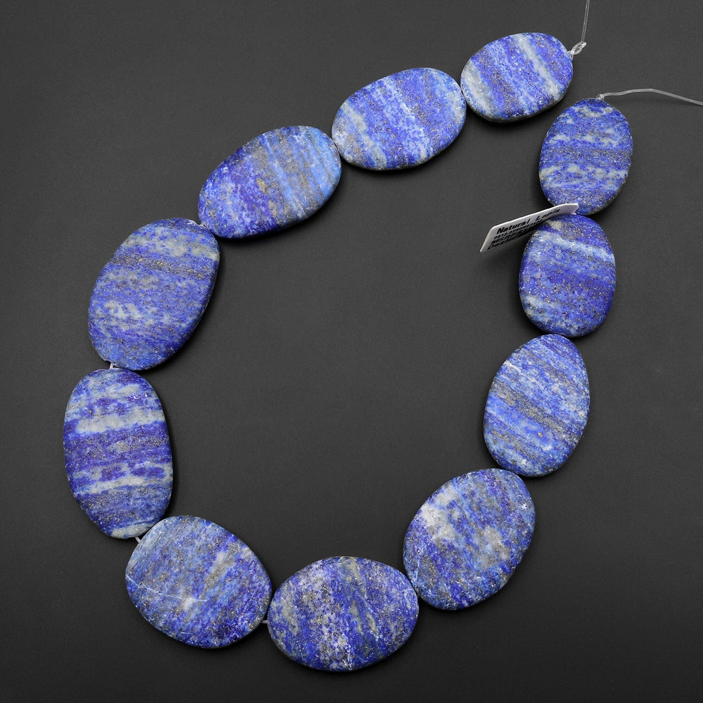 Large Matte Natural Blue Lapis Flat Oval Pendant Beads White Calcite Stripe 15.5" Strand