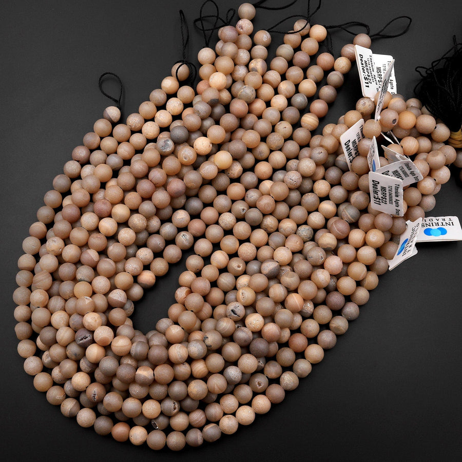 Matte Earthy Peach Titanium Druzy Agate 8mm Round Beads With Sparkling Quartz Crystal Cave 15.5" Strand