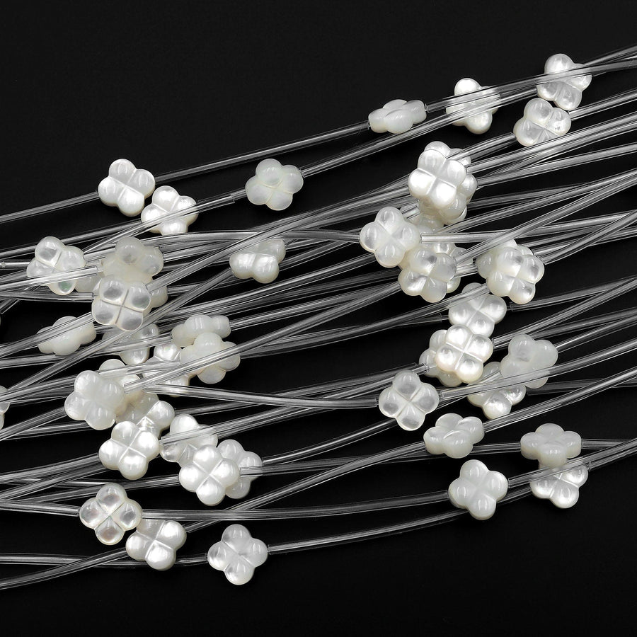AAA Natural White Mother of Pearl Hand Carved 4 Leaf Clover Flower Gemstone Beads 10mm