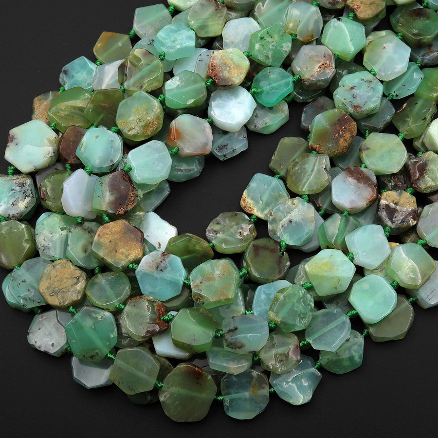 Natural Green Chrysoprase Hexagon Coin Beads 15.5" Strand