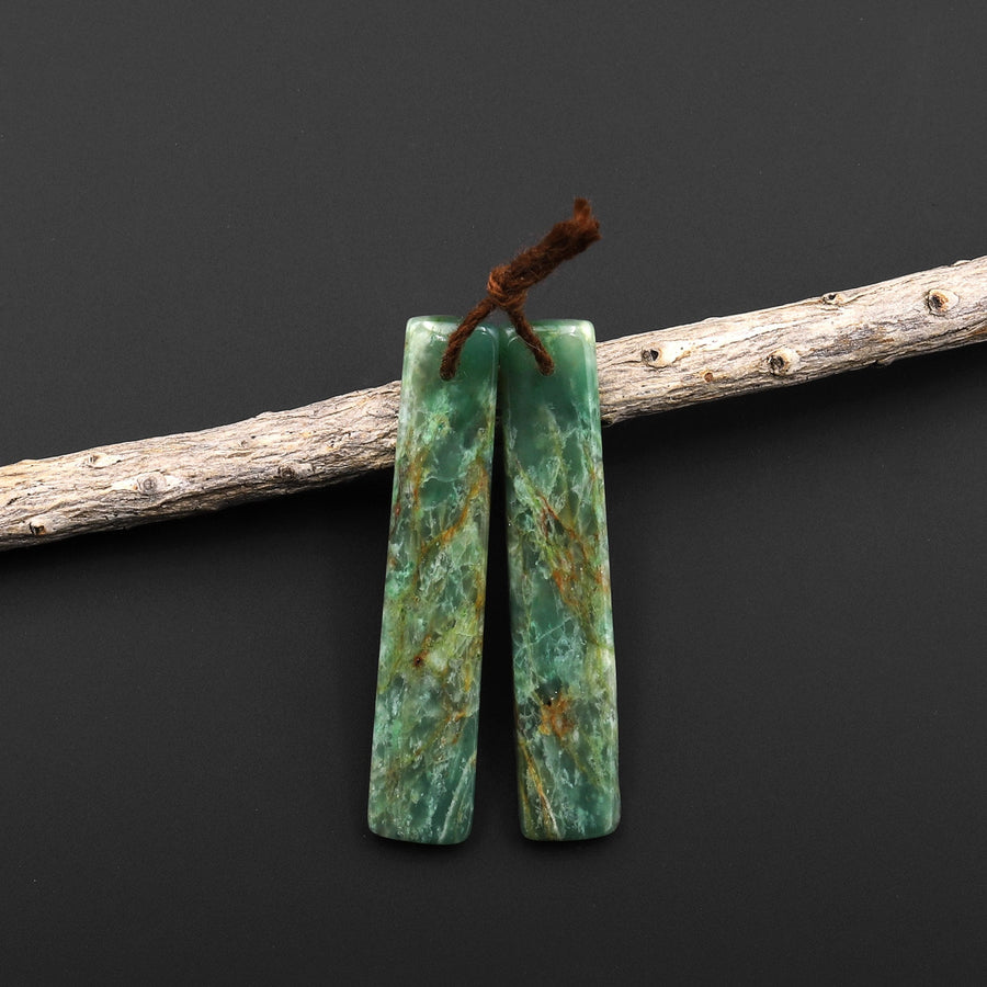 Natural Green Jade Earring Pair Slender Rectangle Cabochon Cab Pair Matched Gemstone Earrings Bead Pair