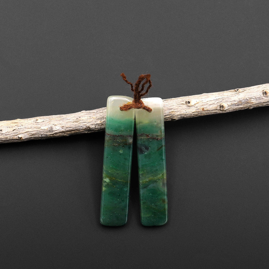 Natural Green Jade Earring Pair Slender Rectangle Cabochon Cab Pair Matched Gemstone Earrings Bead Pair