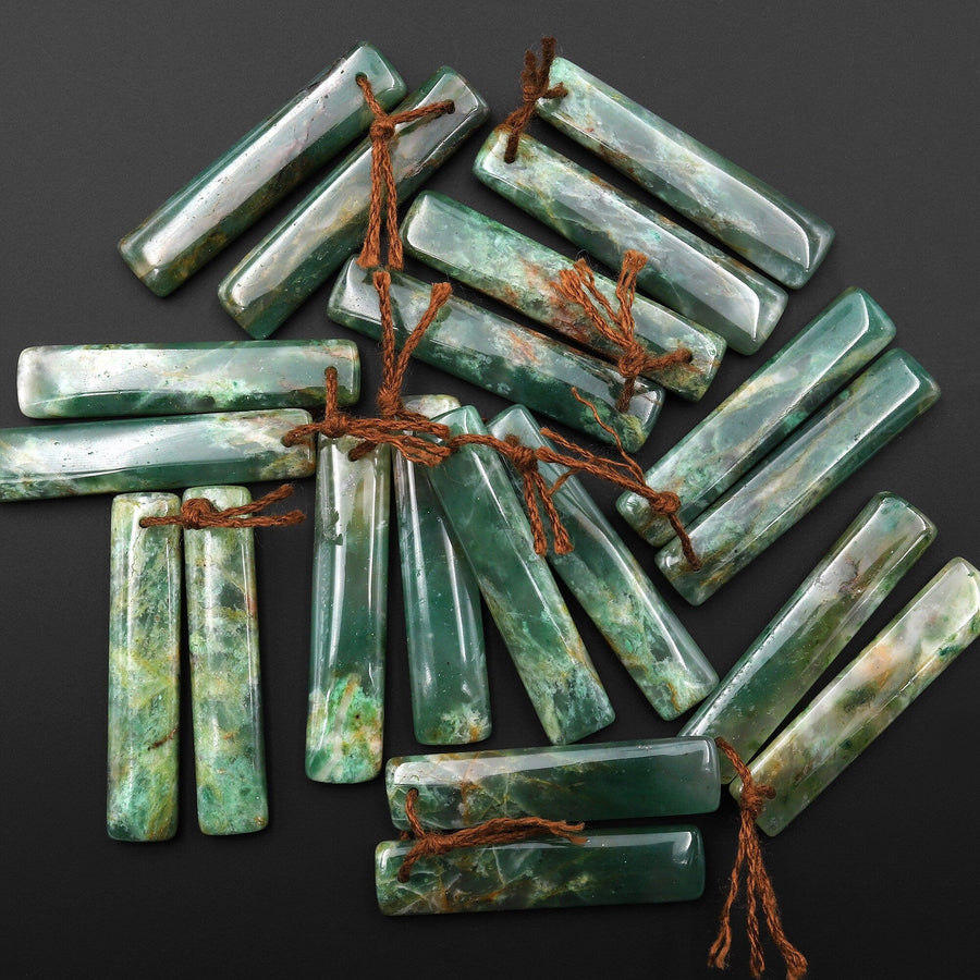 Natural Green Jade Earring Pair Slender Rectangle Cabochon Cab Pair Matched Gemstone Earrings Bead Pair