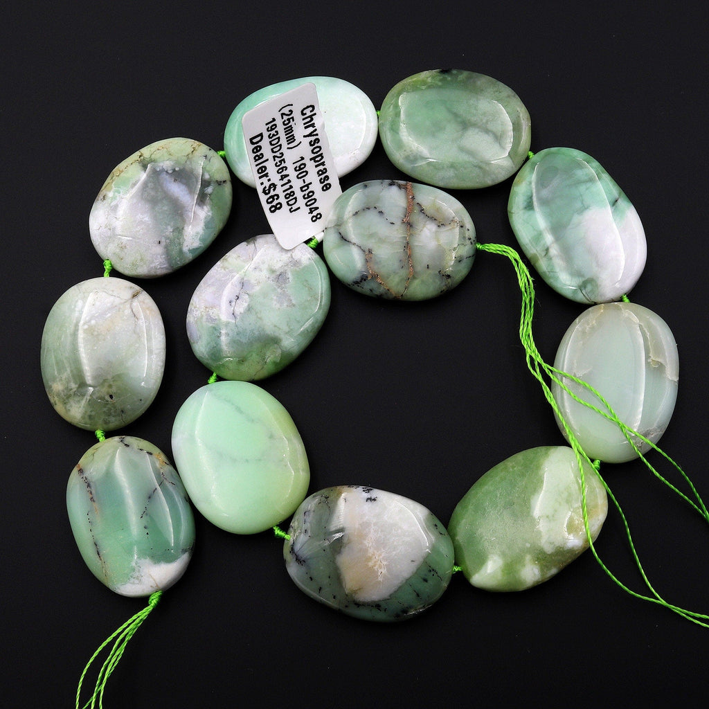 Large Natural Australian Green Chrysoprase Oval Beads Gemstone 15.5" Strand
