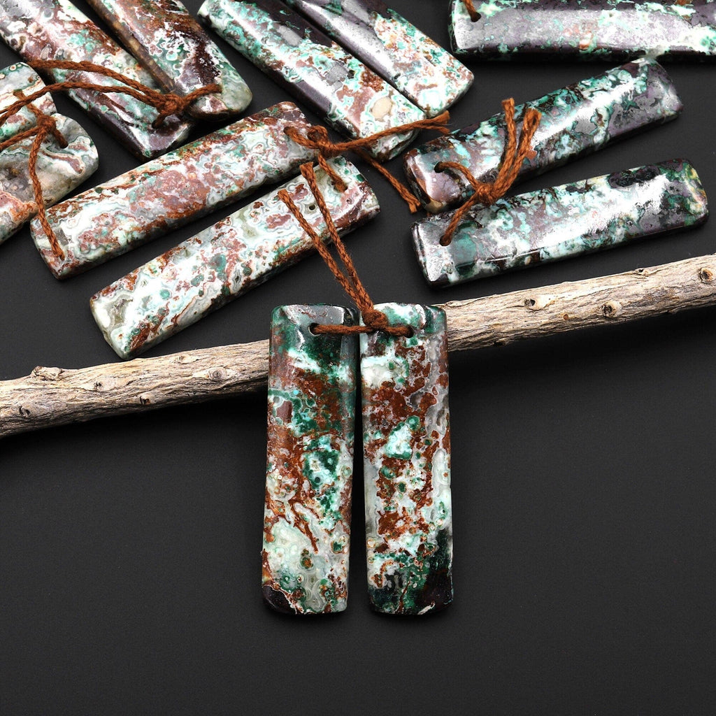 Rare Natural Malachite Chrysocolla Earring Pair Rectangle Matched Gemstone Beads A4