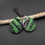 Natural Pink Ruby Green Zoisite Flat Teardrop Drilled Matched Earrings Bead Pair