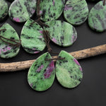 Natural Pink Ruby Green Zoisite Flat Teardrop Drilled Matched Earrings Bead Pair