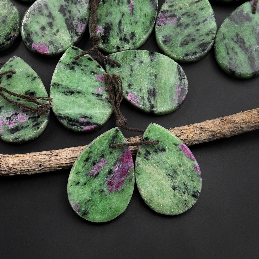 Natural Pink Ruby Green Zoisite Flat Teardrop Drilled Matched Earrings Bead Pair