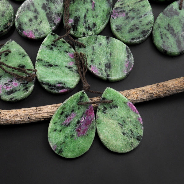 Natural Pink Ruby Green Zoisite Flat Teardrop Drilled Matched Earrings Bead Pair