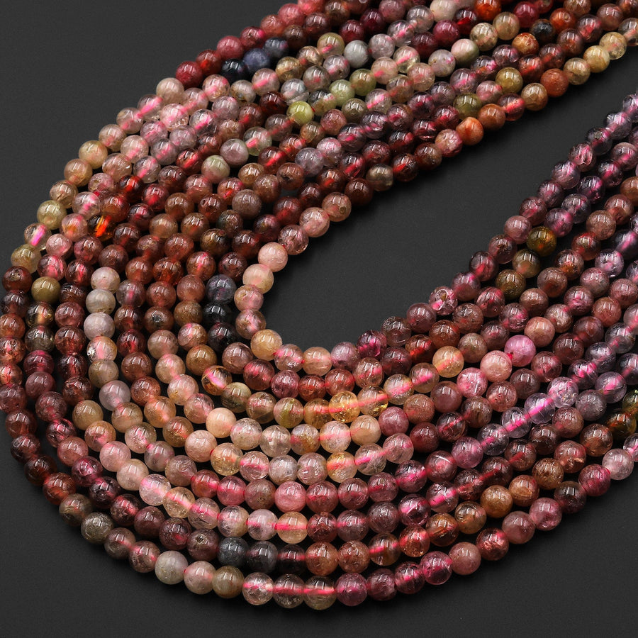 Natural Multicolor Translucent Red PinkTourmaline 3mm 4mm Smooth Round Beads 15.5" Strand
