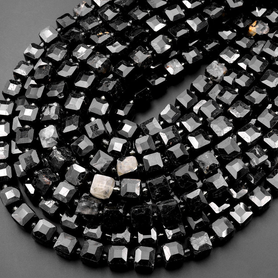 Natural Black Tourmaline Faceted 8mm Cube Beads Micro Faceted Laser Diamond Cut 15.5" Strand