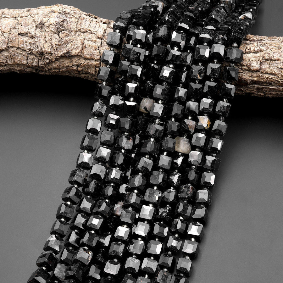Natural Black Tourmaline Faceted 8mm Cube Beads Micro Faceted Laser Diamond Cut 15.5" Strand