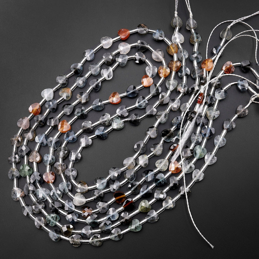Faceted Tourmaline Heart Beads 5mm Natural Multicolor Blue Orange Gemstone 18" Strand
