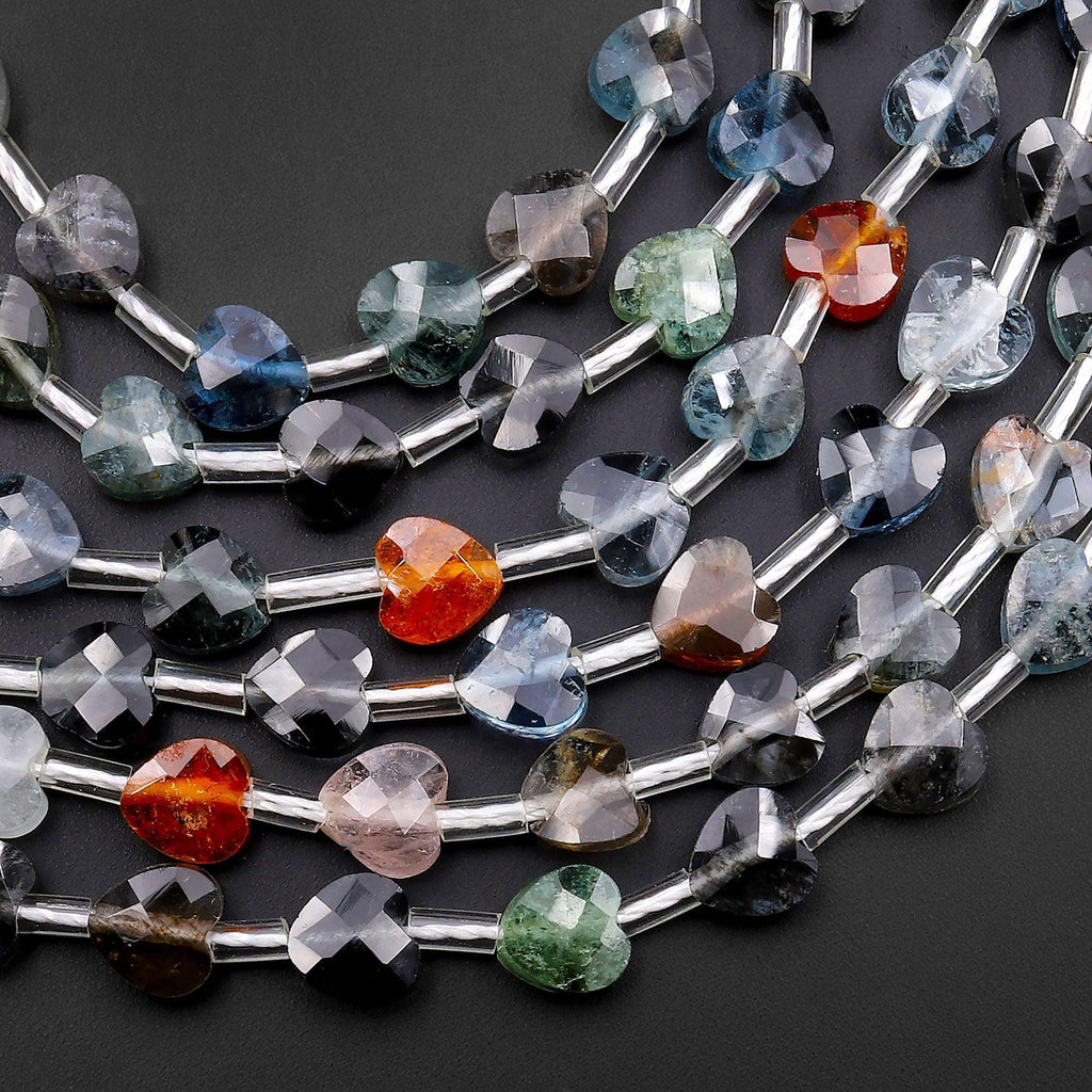 Faceted Tourmaline Heart Beads 5mm Natural Multicolor Blue Orange Gemstone 18" Strand