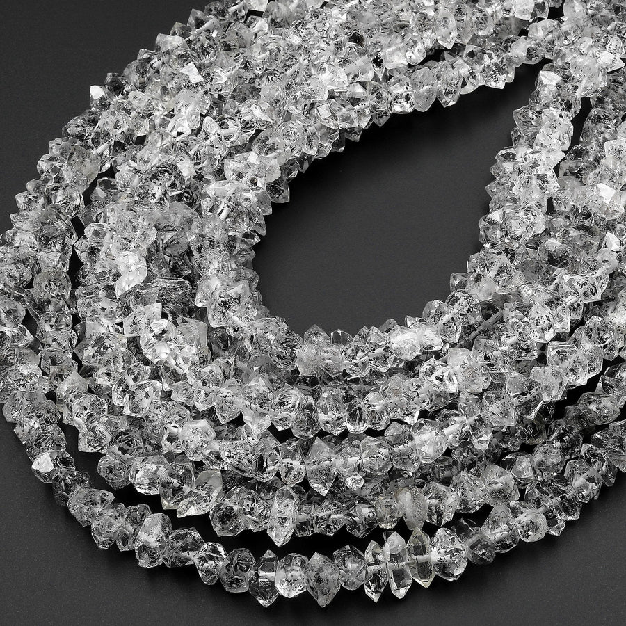 AAA Grade Super Clear Natural Herkimer Double Terminated Diamond Quartz Beads W/ Black Anthraxolite Inclusion 16" Strand
