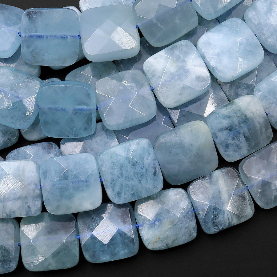 AAA Natural Aquamarine Beads Faceted Cushion 12mm Flat Square Gemstone 15.5" Strand