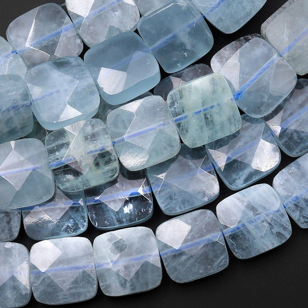 AAA Translucent Natural Aquamarine Beads Faceted Cushion 12mm Flat Square Gemstone 15.5" Strand