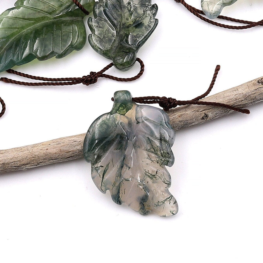 Hand Carved Natural Green Moss Agate Leaf Pendant Focal Gemstone Bead A5