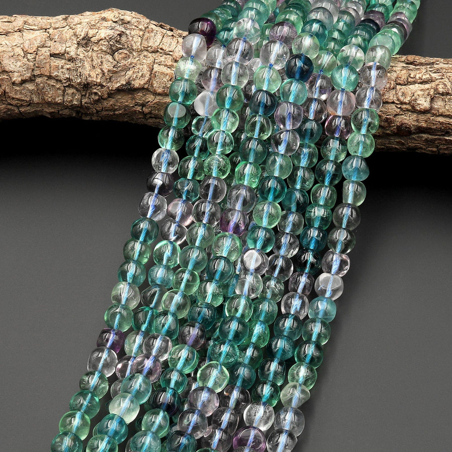 Extra Translucent Vibrant Natural Green Blue Purple Fluorite Smooth Off Round Nugget Beads 10mm 12mm Gemstone 15.5" Strand
