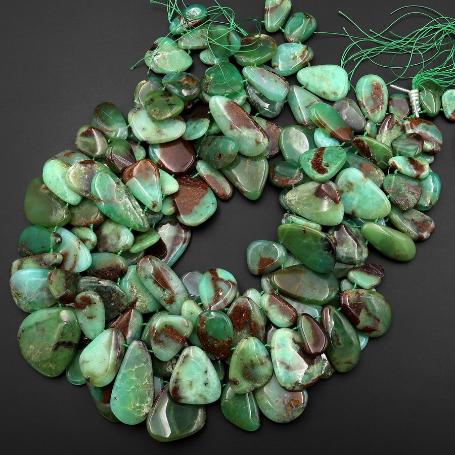 Large Natural Australian Bicolor Green Brown Chrysoprase Beads Freeform Teardrop Focal Pendant Side Drilled Gemstone 15.5" Strand