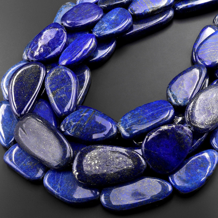 AAA Large Natural Blue Lapis Freeform Long Thin Oval Nugget Beads 15.5" Strand