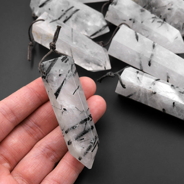 Natural Black Tourmaline Rutilated Quartz Obelisk Point Pendant Side Drilled Crystal Tower A1