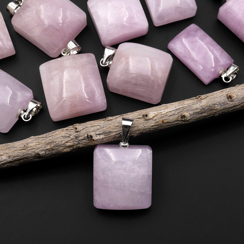 Natural Kunzite Pendant Puffy Square Gemstone Focal Bead