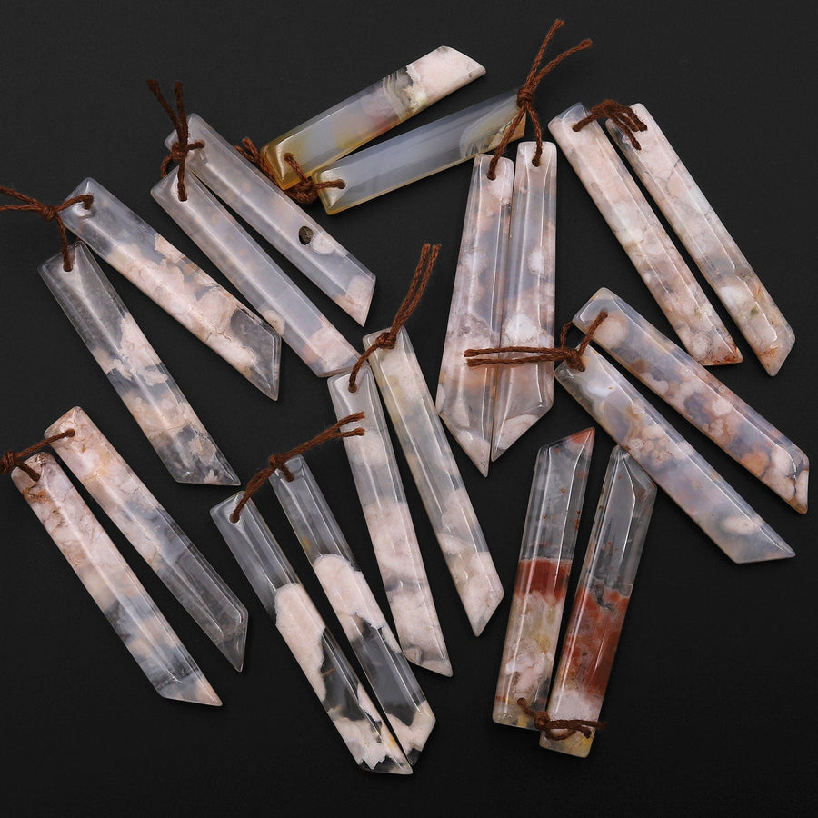 Natural Cherry Blossom Agate Earring Pair Drilled Matched Long Beveled Rectangle Pair Aka Flower Agate