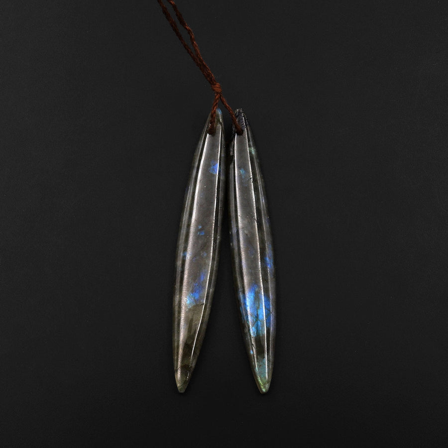 Natural Labradorite Earring Pair Long Marquise Oval Matched Gemstone Beads