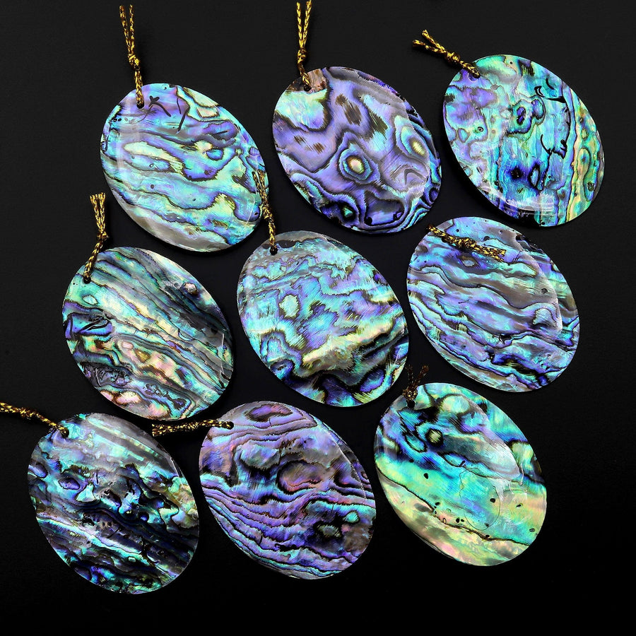 Real Natural Abalone Shell Oval Pendant Rainbow Iridescent Peacock Blue Green Pink Purple Colors