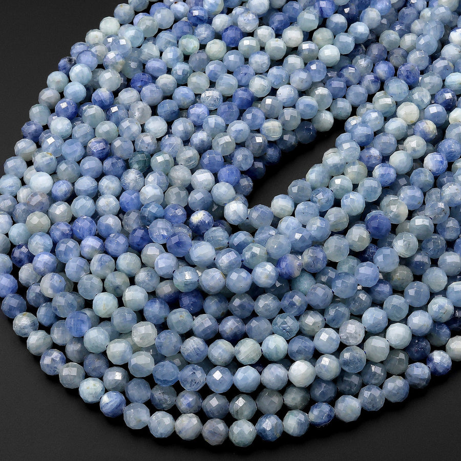 AAA Natural Silvery Blue Kyanite Faceted 5mm 6mm 7mm Round Beads 15.5" Strand
