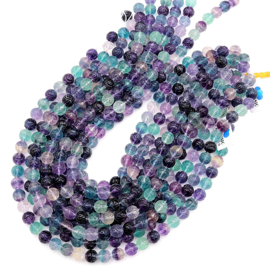Natural Green Purple Fluorite Carved Lotus Flower Round Beads 10mm 3D
