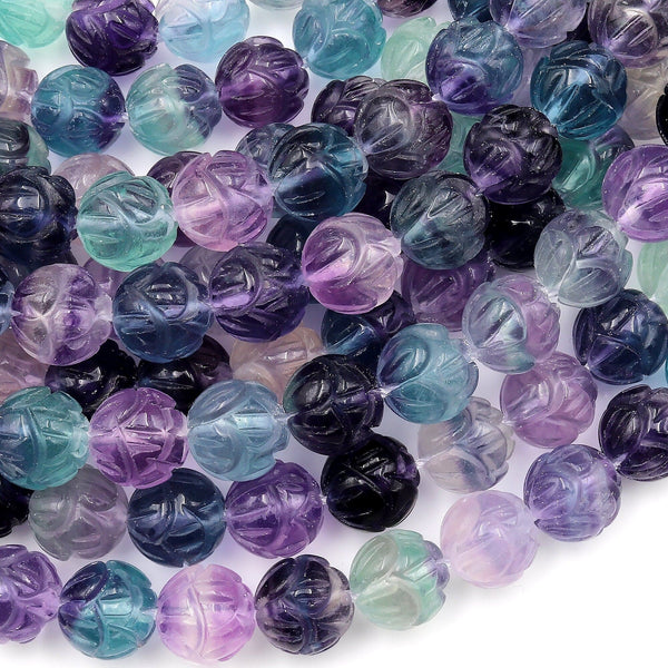 Natural Green Purple Fluorite Carved Lotus Flower Round Beads 10mm 3D