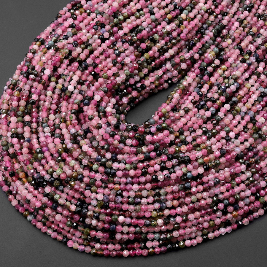 Faceted Natural Pink Green Tourmaline 2mm Round Beads Gemstone 15.5" Strand